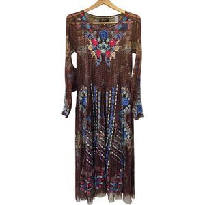 JOHNNY WAS Biya Brown Mesh Overlay  Maxi Dress Medium Long Sleeve Embroidered